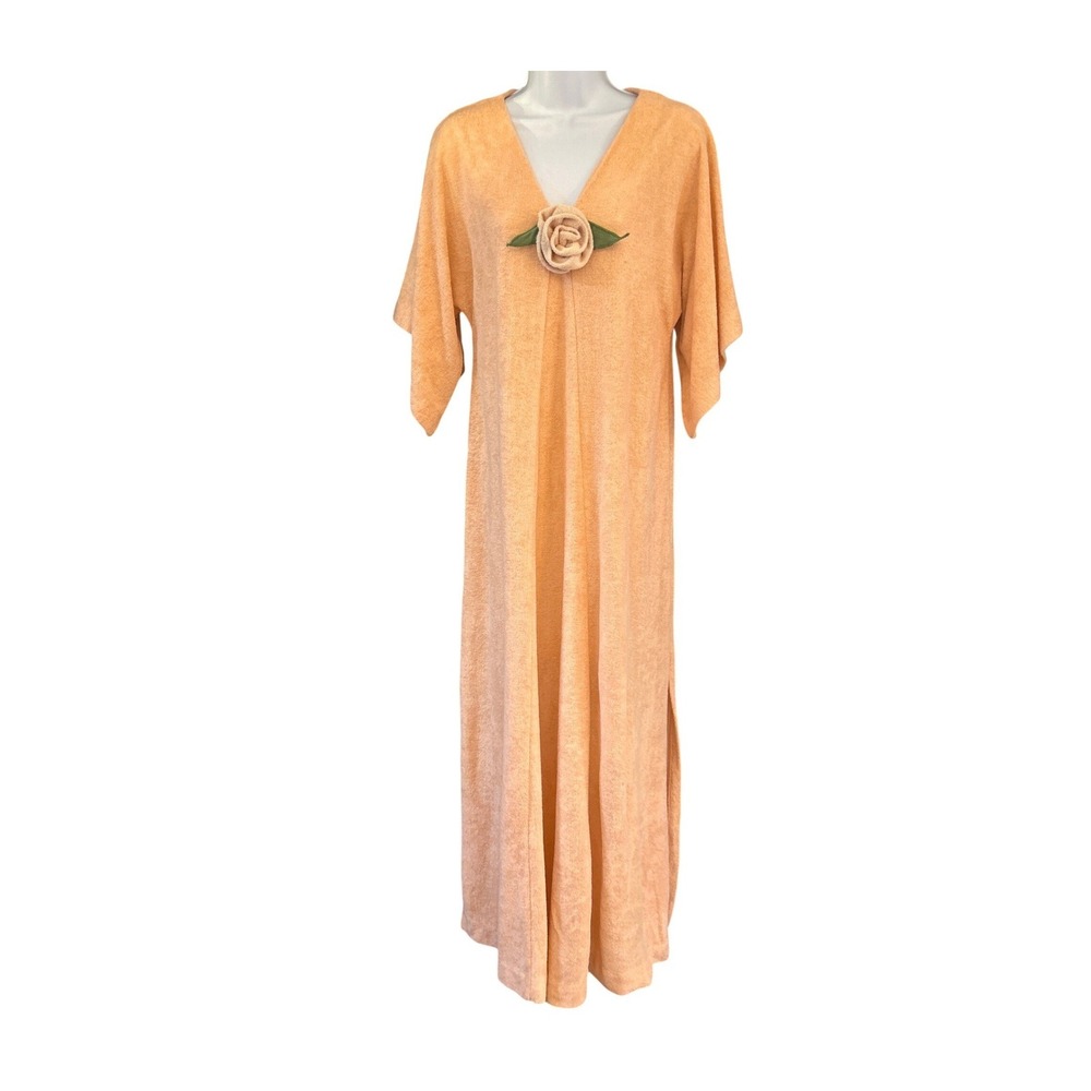70s Bardinella Designs Terry Cloth Maxi Dress Retro Resort Floral Peach Summer